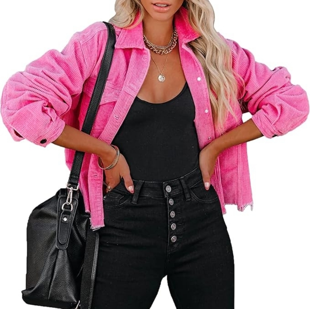 POL Corduroy Trucker Ribbed Jacket Raw Hem Barbie Pink - Picture 3 of 9